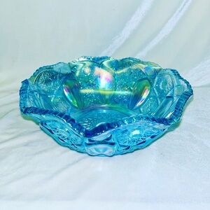 Vintage LE Smith Aqua Blue Carnival Glass Bowl